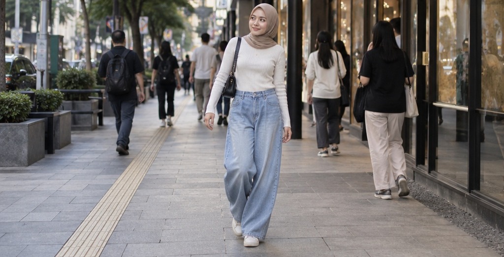 Wanita berhijab memakai baggy jeans biru muda dan atasan putih saat berjalan di trotoar kota